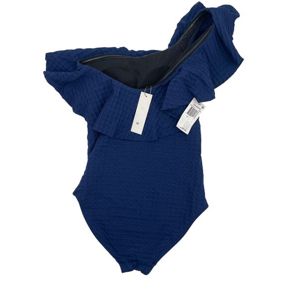 SHOSHANNA Swimsuit Size 4 One Piece Navy One Shoulder Ruffle Textured NWT Swim - Picture 4 of 16